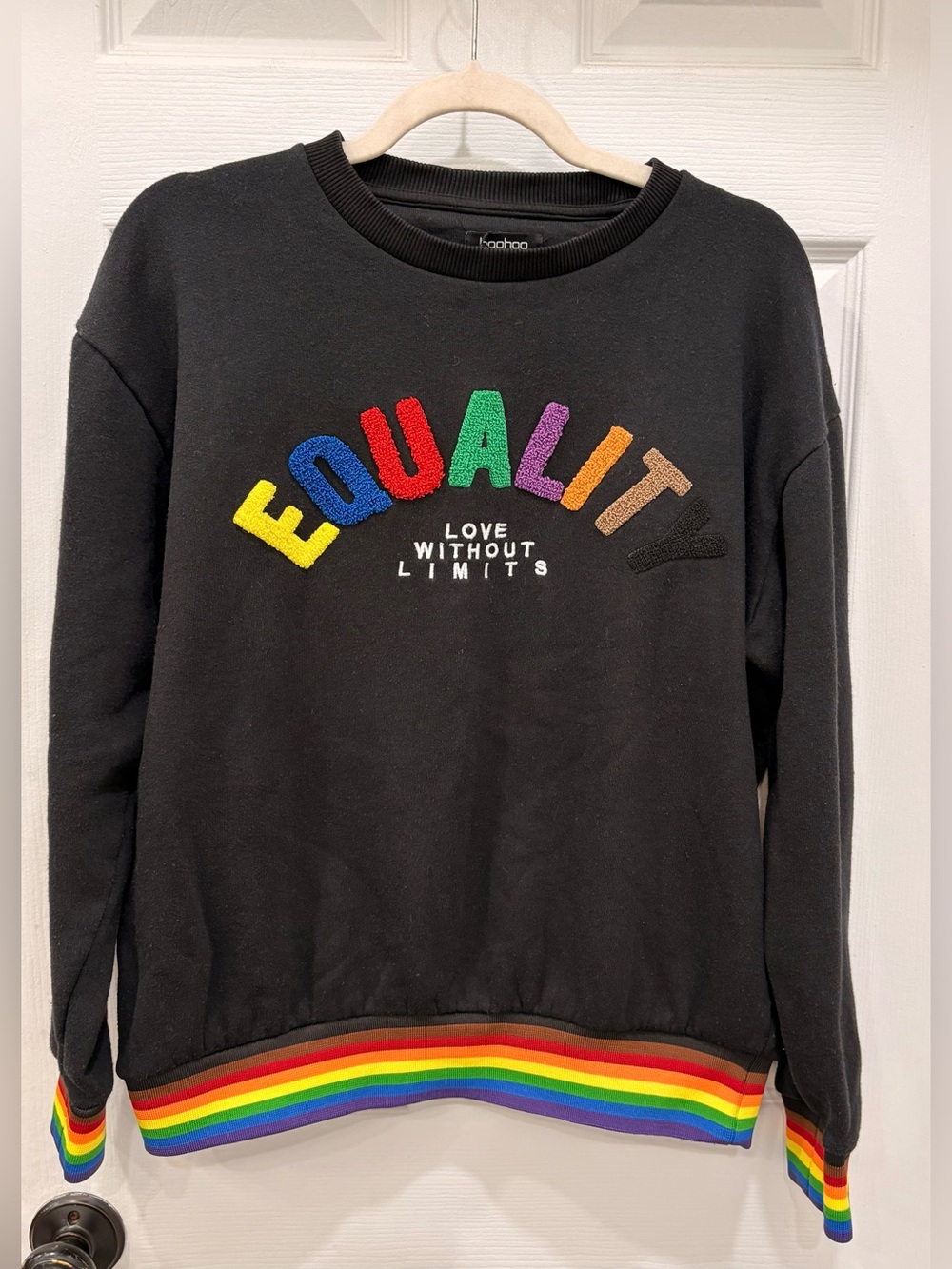 Boohoo black unisex Equality Rainbow Embroidered Pullover sweatshirt Size S